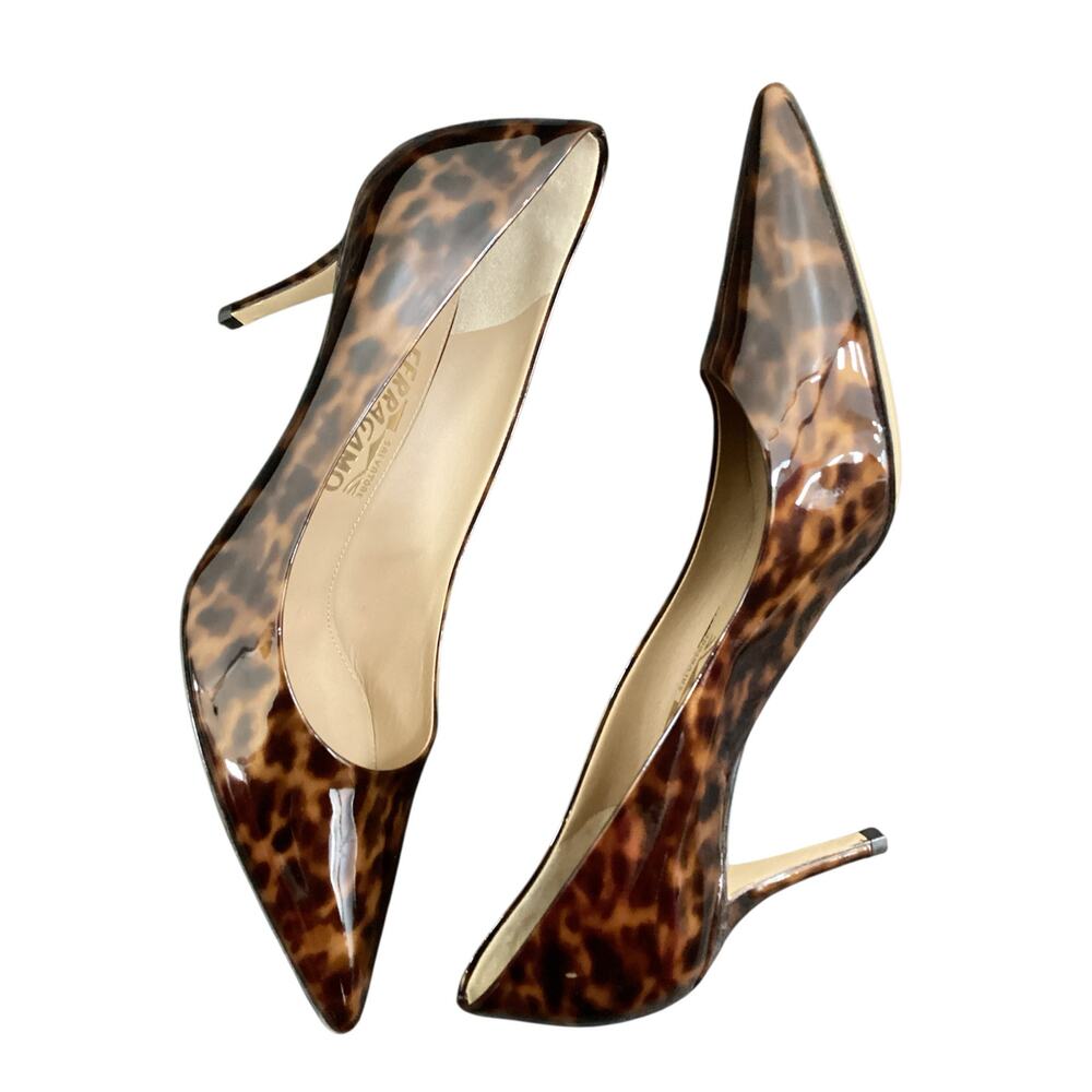 Salvatore Ferragamo Heels Women’s SZ 9 Leather With Glossy Finish Brown Tortoise - Picture 3 of 7